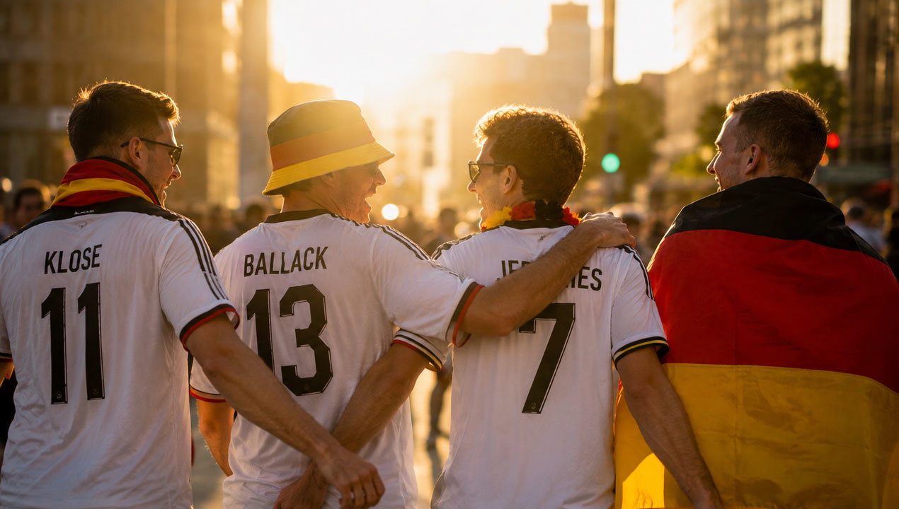 Fußballfans laufen in den Sonnenuntergang auf der Straße und freuen sich