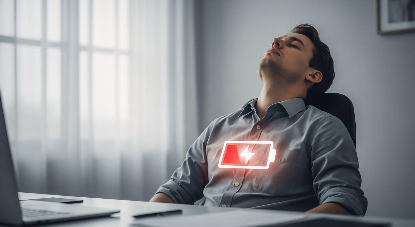 Mann ohne soziale Batterie am Schreibtisch 